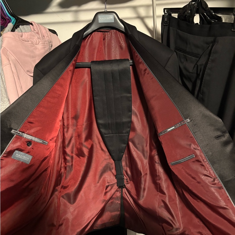 Belk Black Tuxedo with Red Satin Lining